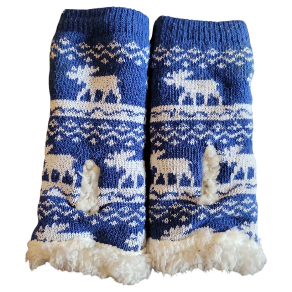Warm Winter Texting Gloves Moose Fleece Lined Knit Blue White